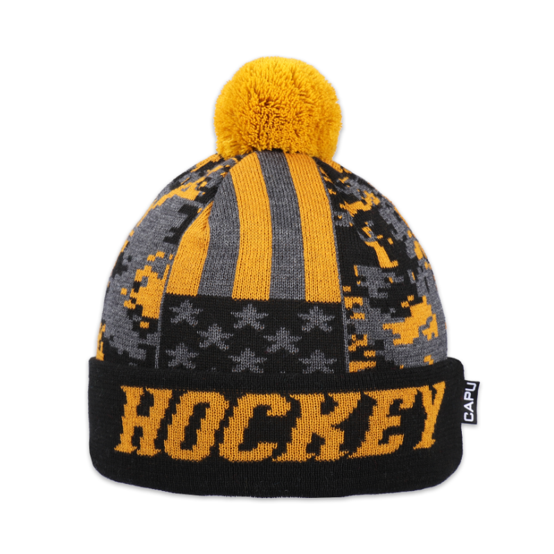 Dětská čepice s akrylovou bambulí hokej